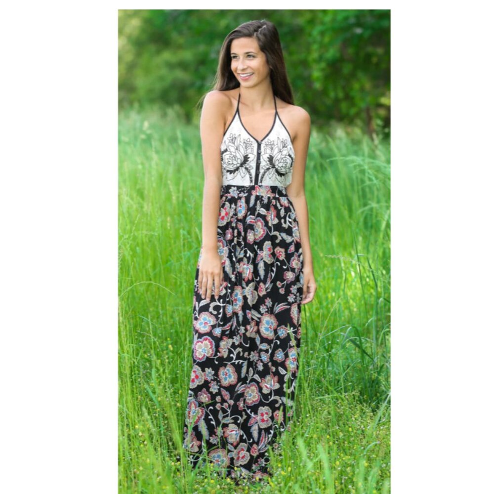 Patrons of Peace Floral Halter‎ Maxi Dress, Sz XS, Rayon Beaded Embroidered Boho